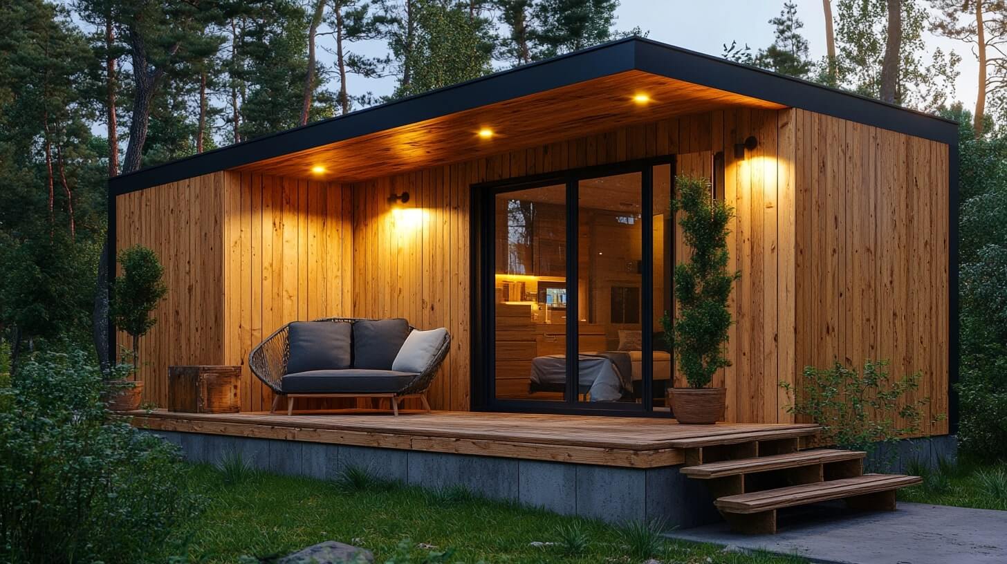 This compact tiny house on wheels features a modern design with large windows, offering a bright and airy interior. Its sleek, efficient layout maximizes space and functionality.