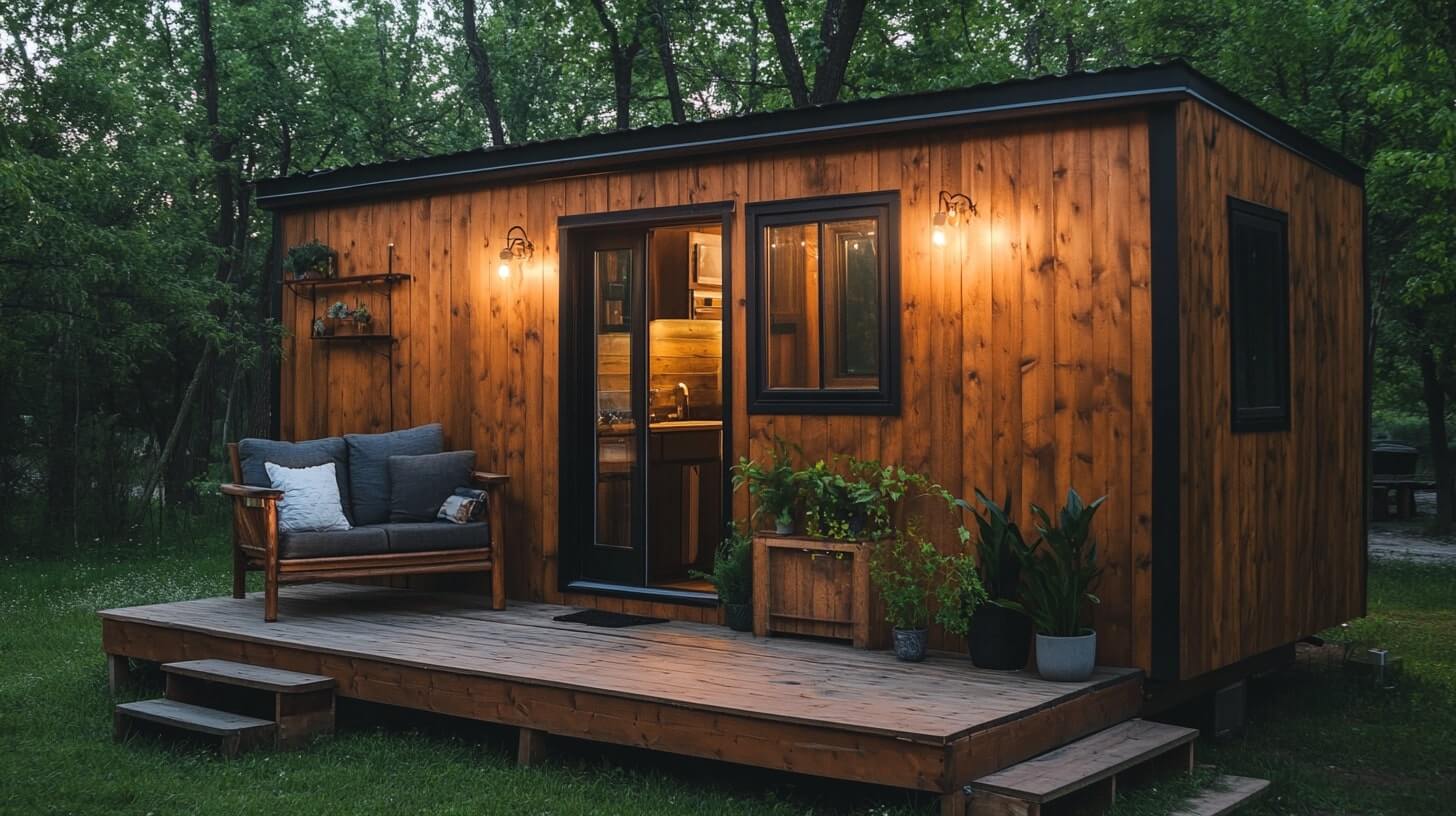 This compact tiny house on wheels features a modern design with large windows, offering a bright and airy interior. Its sleek, efficient layout maximizes space and functionality.
